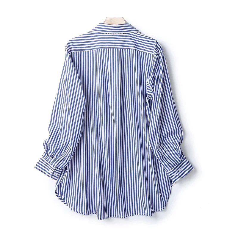 Withered England Style Office Lady High Street Fashion Striped  Loose Shirt Pure Cotton Casual Blouse Women