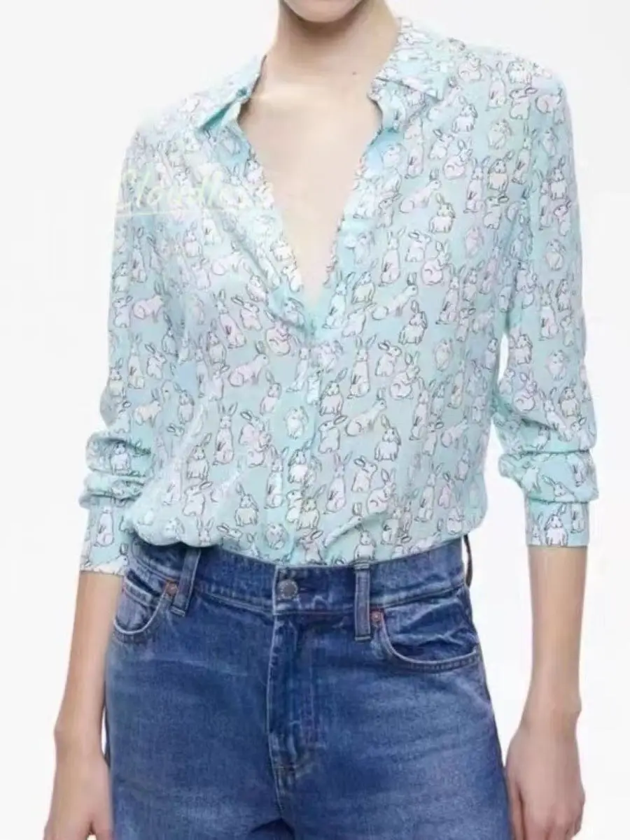 

Rabbit Print Women 2-Colors Blouse Top Single Breasted Polo Collar Long Sleeve Casual Female 100% Silk Shirt