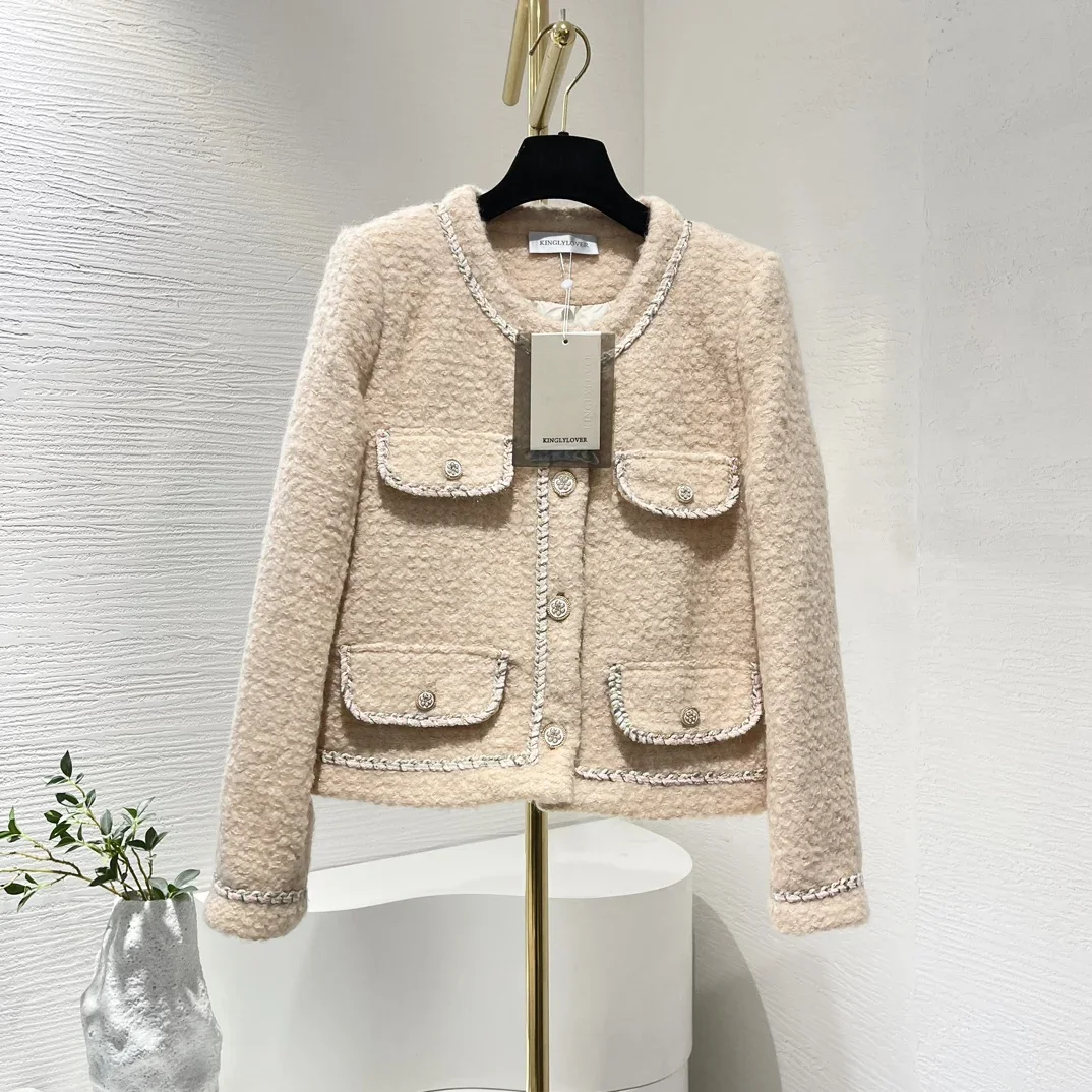 2024 New Autumn Simple Style Light Pink Long Sleeve Tweed Down Jacket for Women