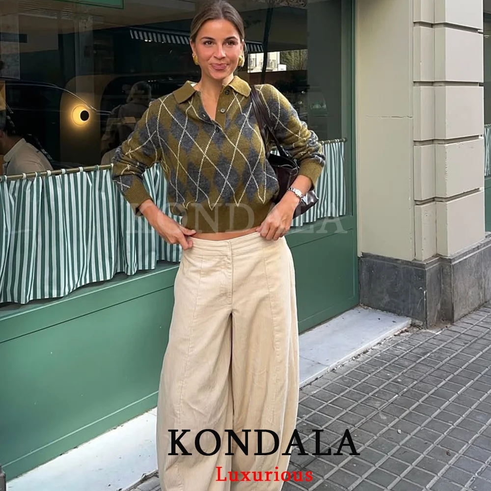 KONDALA Casuai Chic Green Plaid Knit Women Sweaters Long Sleeve Buttons Pullovers Fashion 2025 Autumn Winter Thick Warm Tops