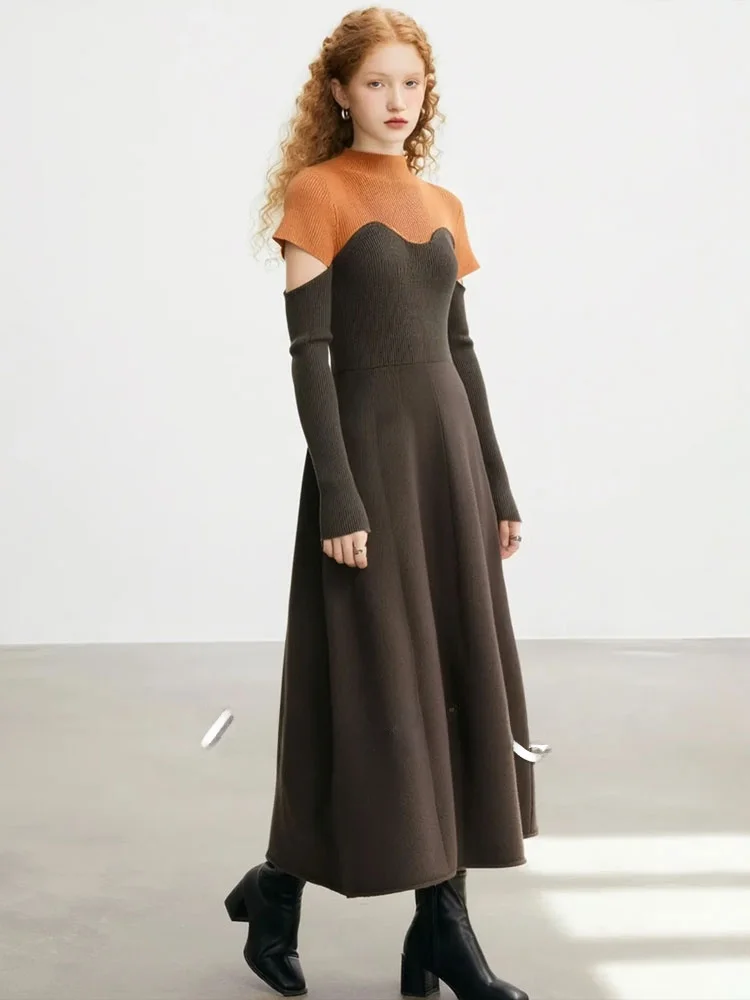 

Вязаная юбка А-силуэта Ele с цветными блоками, вырезами и длинными рукавами, с высокой талией, осенняя новинка для женщин