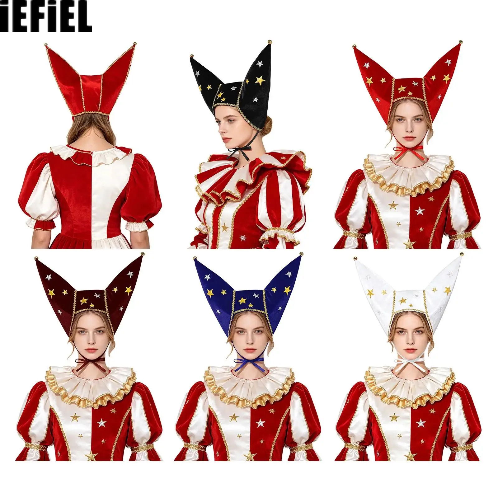 Adults Carnival Circus Costume Accessory Clown Dress-up Hat Metallic Stars Velvet Jester Cap with Bells for Halloween Party