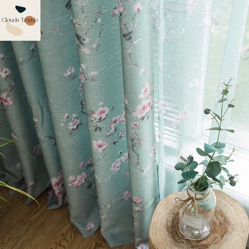 

Pastoral American Luxury Curtains for Living Room Bedroom Semi-shading Floral Cotton Linen Green Elegant Window Tulle Customize