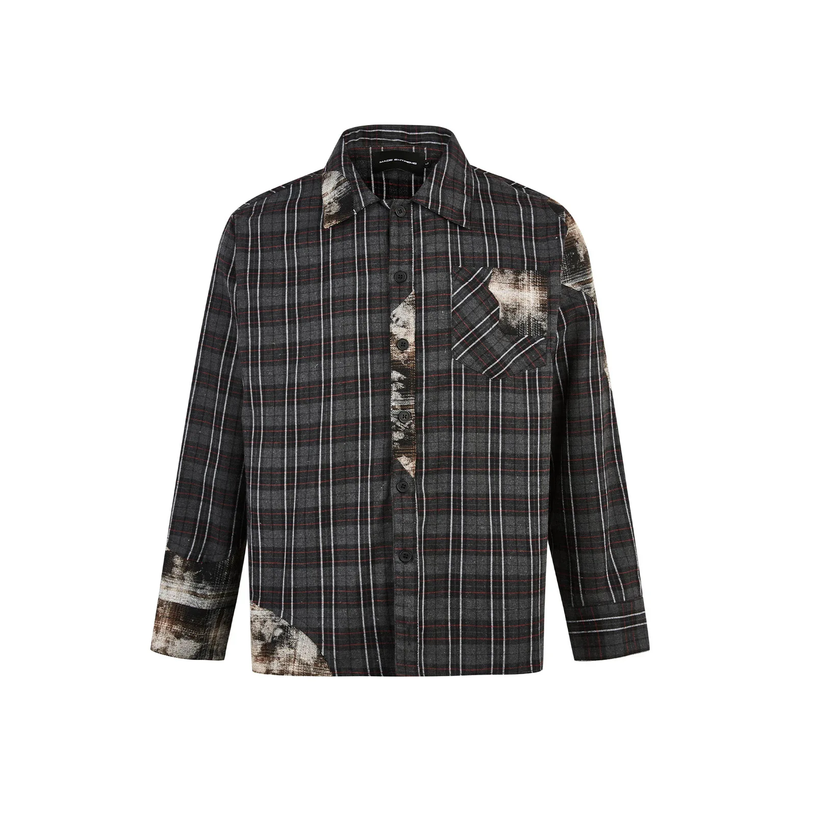 MADE EXTREME Plaid Special-shaped Damaged Stitching Woolen Plaid Shirt