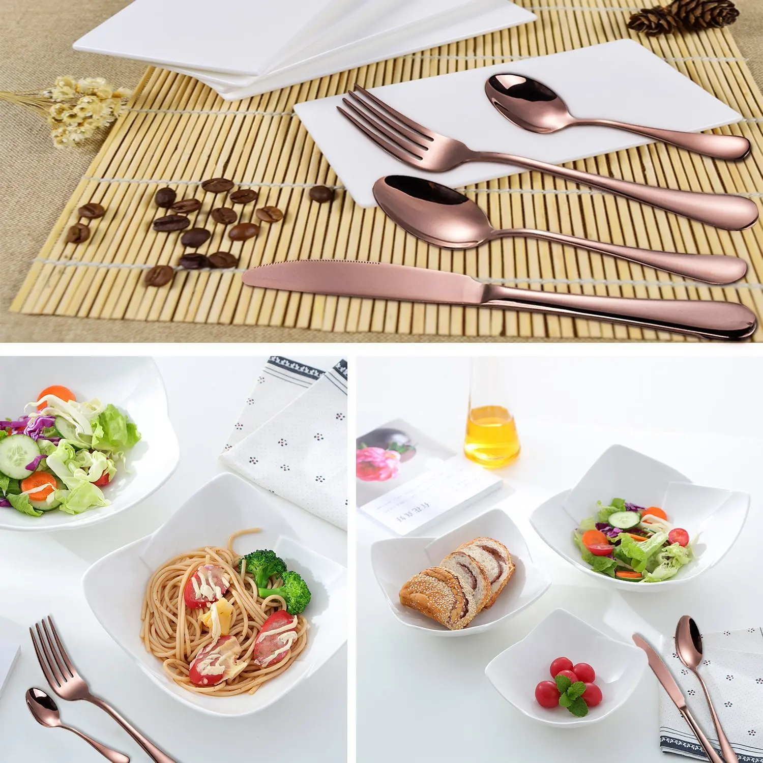 Rose Gold Stainless Steel 24Pcs Cutlery Set Knife Fork Spoon Chopsticks Western Tableware Set