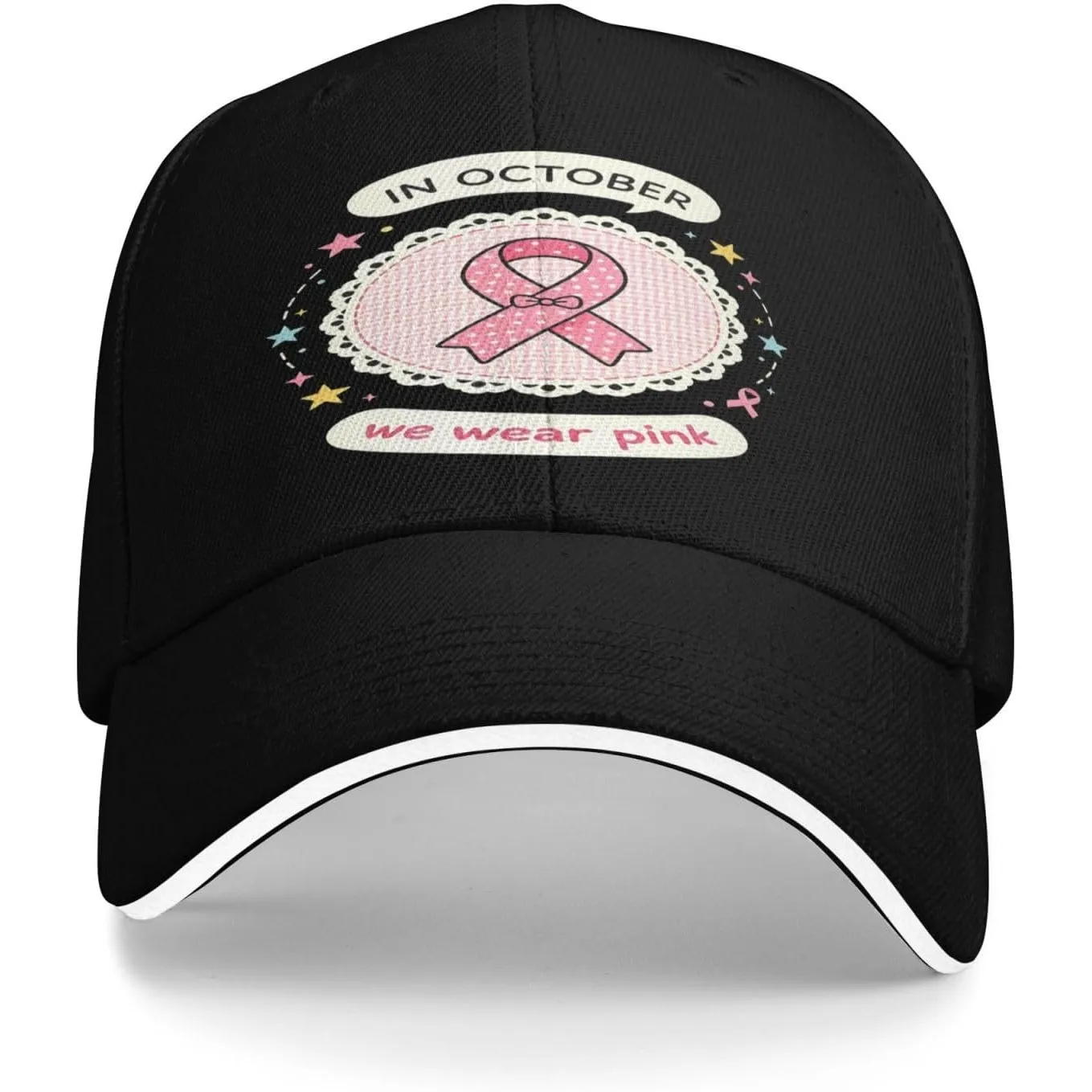 in October We Wear Pink Breast Cancer Awareness Bow Sandwich Dad Hats Black Adjustable Breathable Comfortable