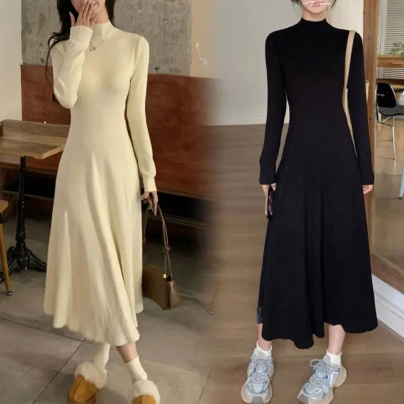 

Basic Half High Collar Long Dress Autumn Winter Solid Color Female Clothing A-Line Waist French Style Commute Knitted Dresses