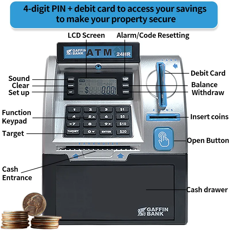 Children Mini Bank Electric ATM Machine Simulation Savings Piggy Bank with Power-Off Memory and Debit Card Pretend Toys for Kids - view 4