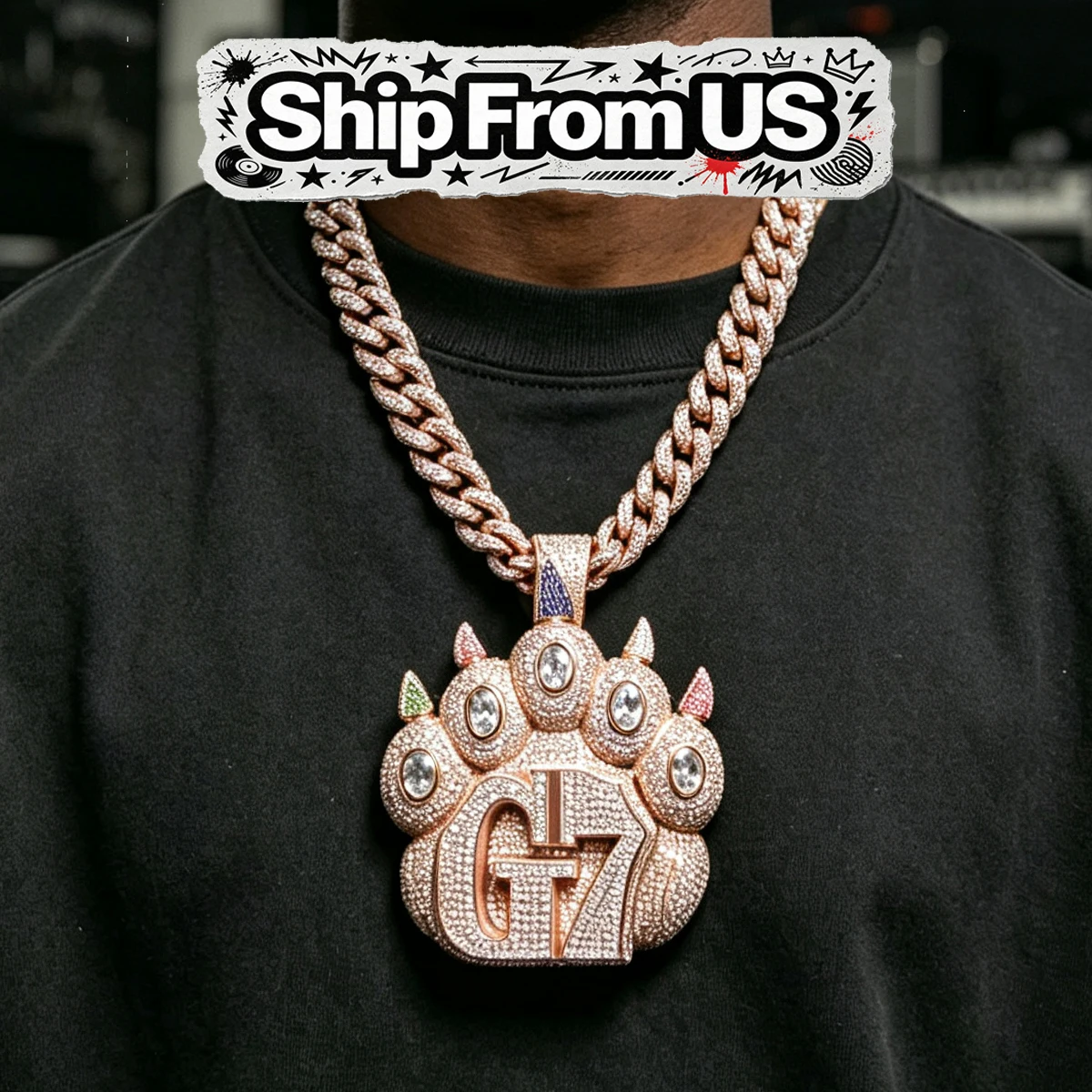 Bling Statement Bear Claw Shape Charm Heavy Full Micro Paved Zircon Stones 18K Gold Plated Bold Fine Jewelry Gift Unique For Men Shiny Street Accessory Perfect For Rap Party Wear Trendy Urban Hip‑Culture Necklaces Charm Iced Out G7 Paw Hip‑Hop Pendant