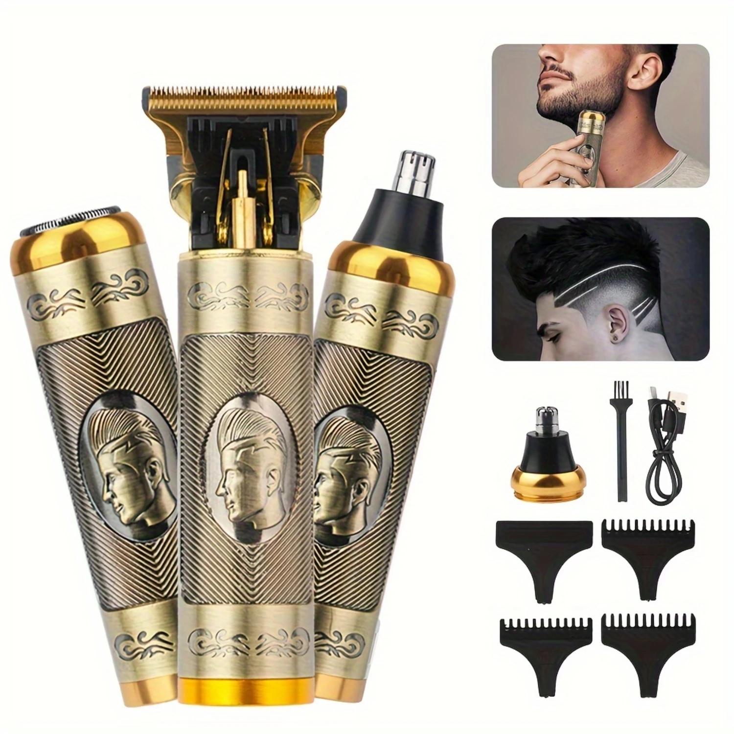 Men's Hair Trimmer Grooming Kit USB Rechargeable - Shave Sideburns, Beard, Body Hair - 3 in 1 Cutting Set