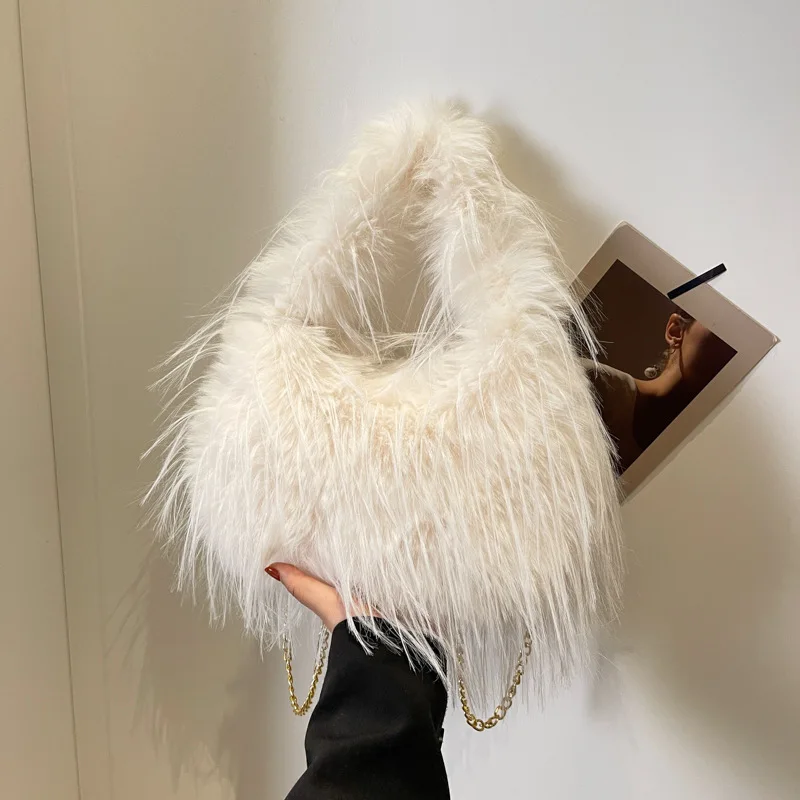 2024 Winter New Faux Fur Handbag Trendy Fuzzy Long Tassel Plush Shoulder Bag Fashion Female Furry Purse Tote Handbag Sac A Main