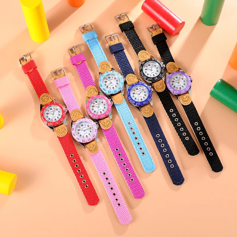 

Boys Girls Quartz Watch Kids Children's Fabric Strap Student Time Clock Wristwatch Colorful Number Dial birthday Gifts Watches