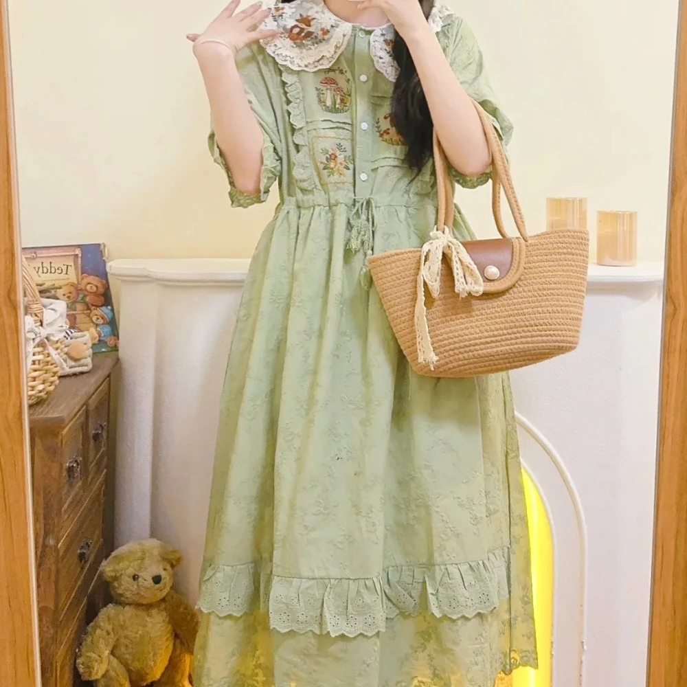 

2025 Lace Peter Pan Collar Short Sleeve Dress Summer New Style Retro Green Embroidery Double Layer Sweet Dress Women gfrgt4