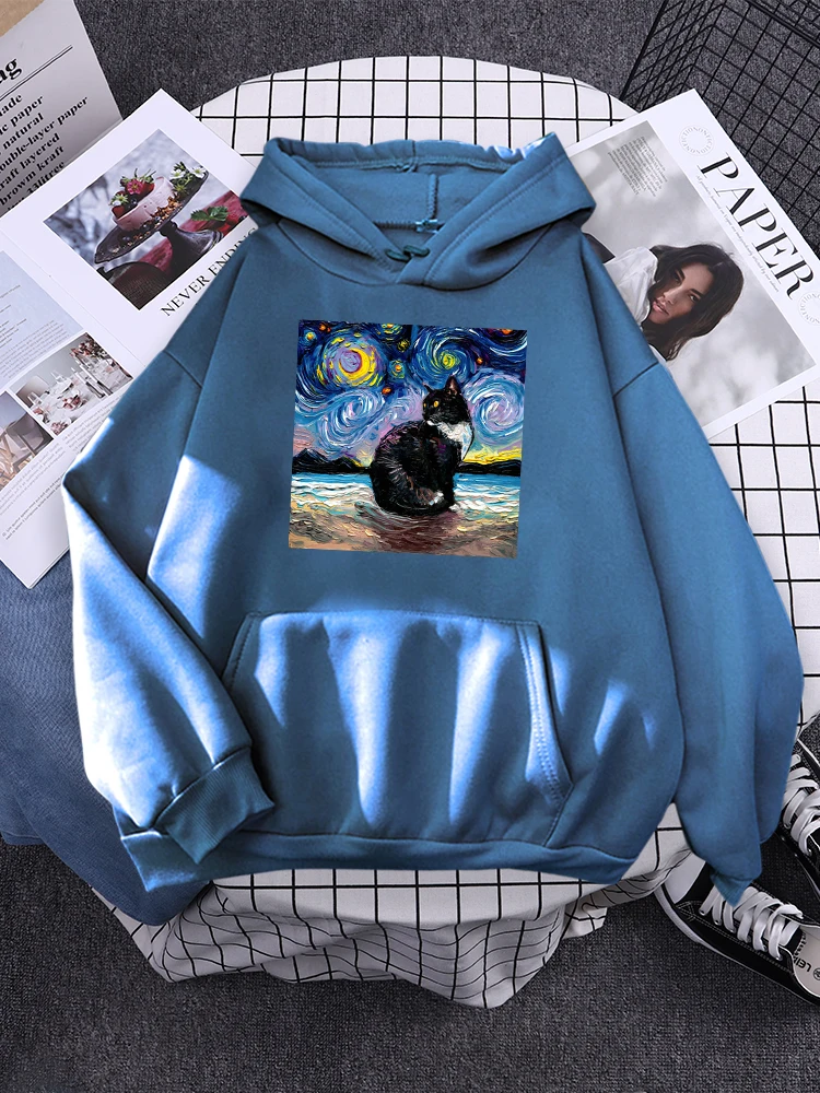 Mona Lisa Hugging Cat Lovely Cute Pattern Hoodie Female Casual Street Pullover Autumn Oversized Sweatshirt Fleece Pocket Clothes