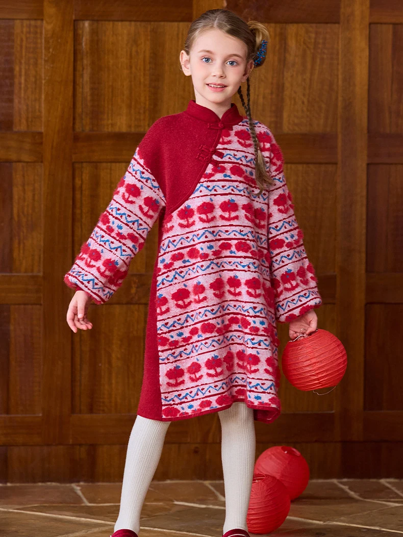 

Girls' Modern Chinese-style Red Jacquard Knit Dress Cheongsam Style Qipao Dress for New Year and Fall Winter Christmas Party