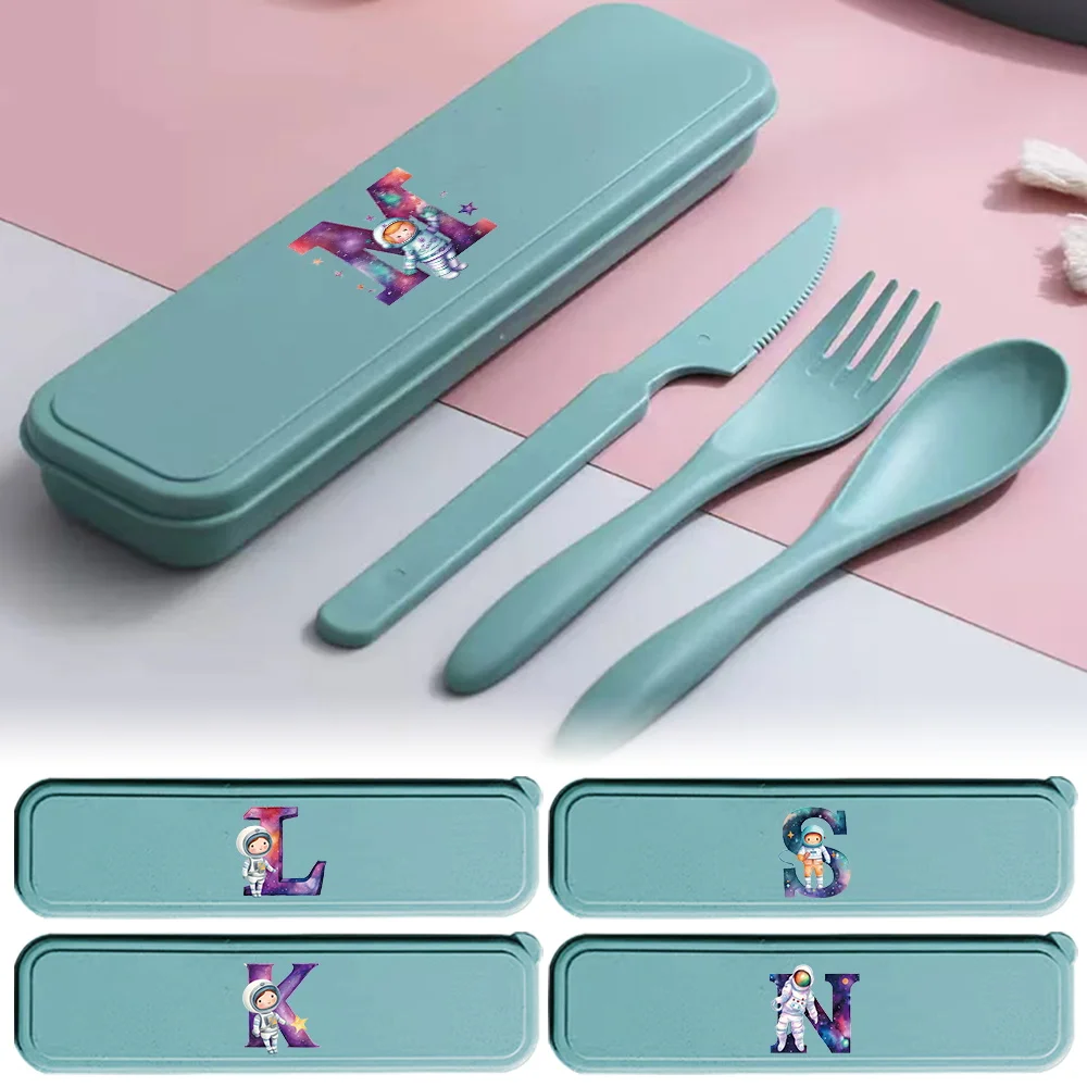 

3pcs Dinnerware Kit Spoon Fork Chopsticks Organizer Box Tableware Storage Case Lunch Accessoires Astronaut Letter Pattern