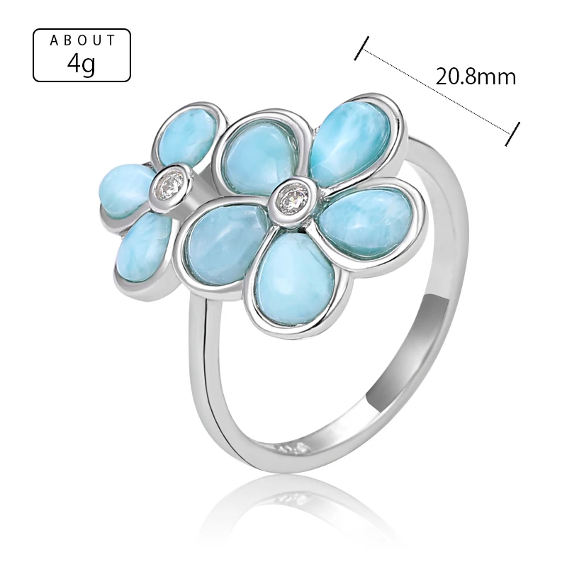 XYOP 925 Silver Gift Natural Blue Larimar Niche Flower Ring White Zircon, Versatile Fine Absorption Cost-Effective Daily Commute