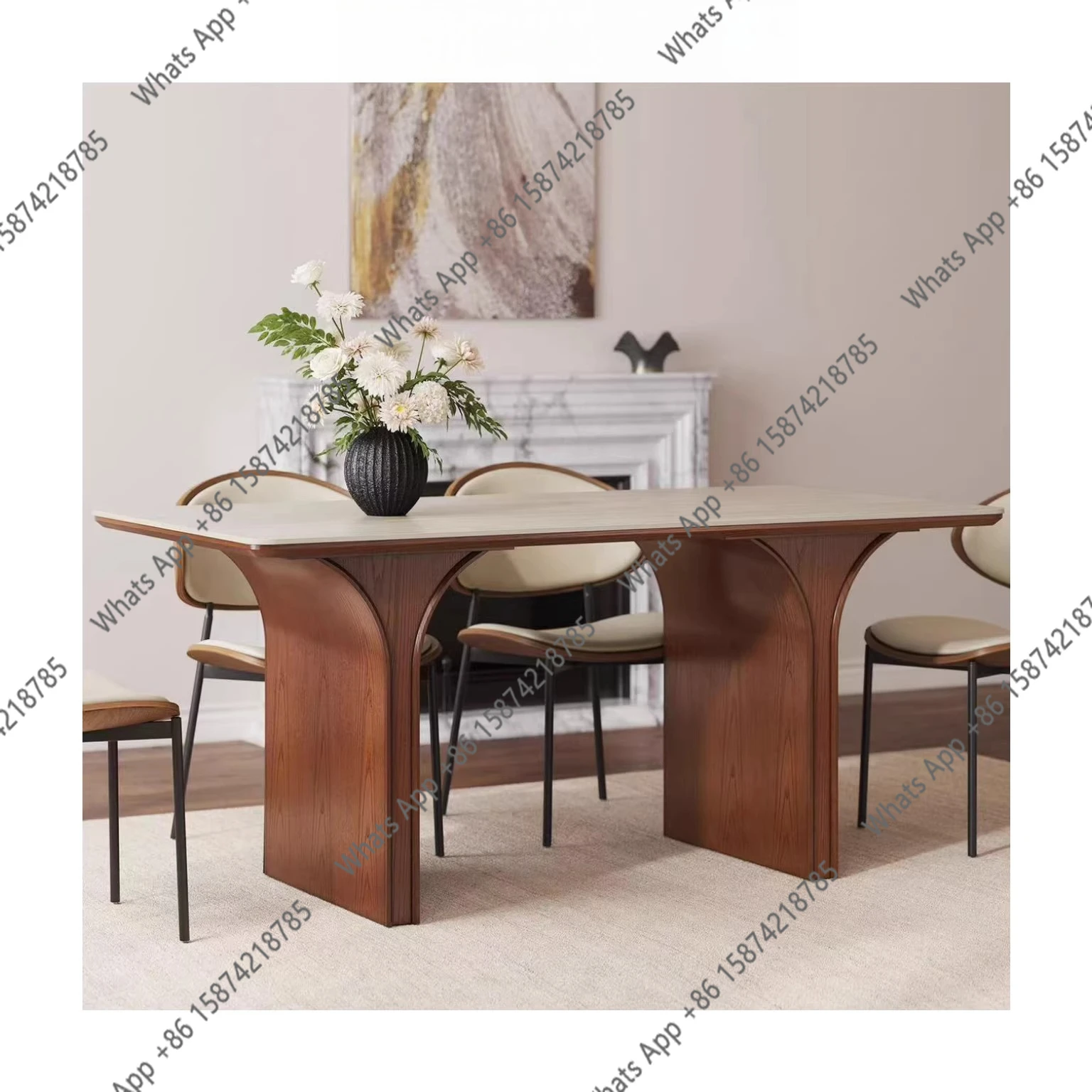 Medieval style solid wood designer rock slab cave stone dining table wabi sandy style retro rectangular dining table American co