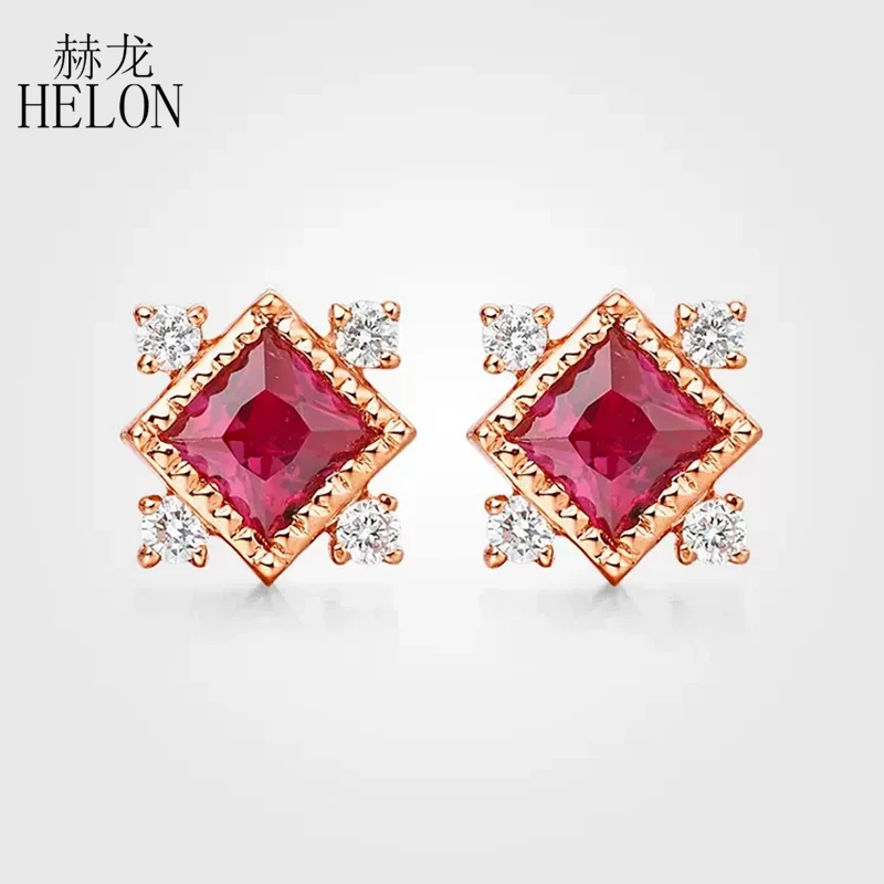 HELON Princess Cut Ruby Diamond Solid 18K 14k 10k Rose/Yellow/White Gold Stud Earrings Real Diamond Trendy  Retro Women Earrings