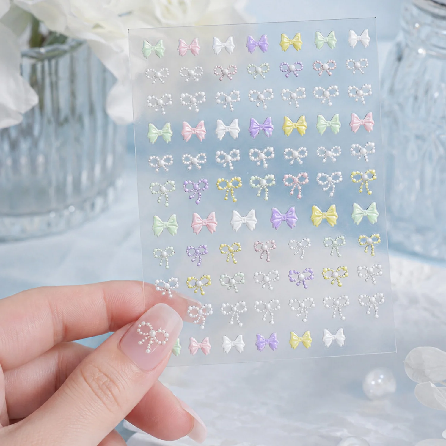 Lovely Multi Bow 5D Nail Decal Colorful Bow Pearl Strand Macaron French Bow Nail Art Sticker Self Adhesive Manicure Accessories