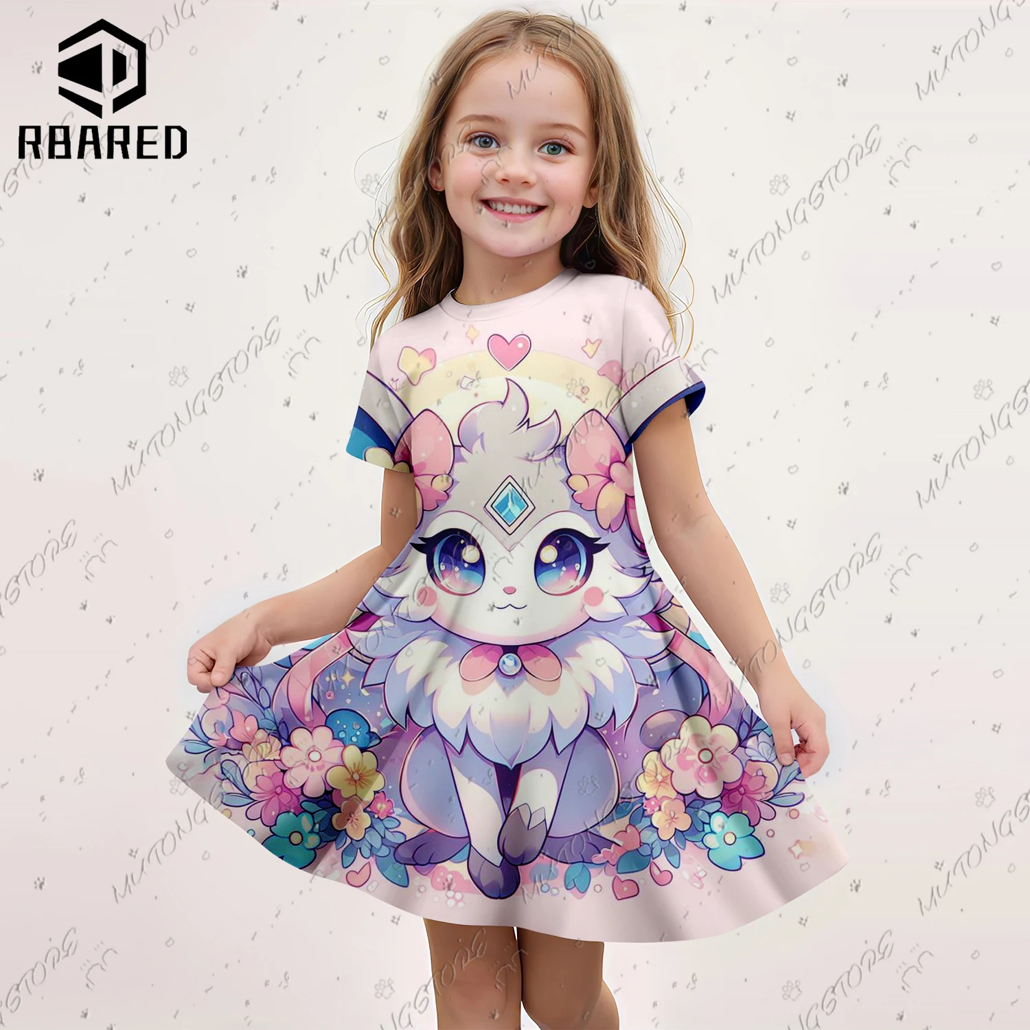 2024 Summer New Children\'s Original Short Sleeve Dress Girl 3D Pokémon Print Clothes Girls Party Clothing Kids Skirt Nightgown