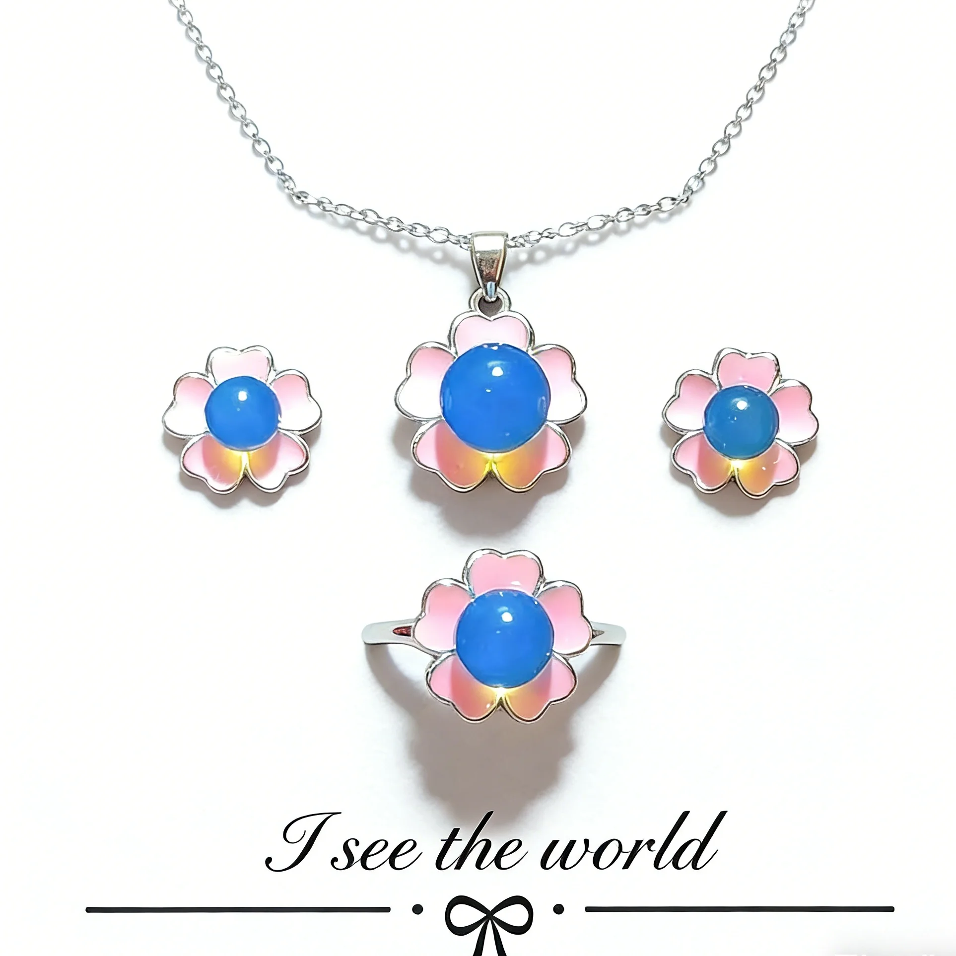 

Pure Silver Natural Mexican Blue Amber Four Leaf Clover Jewelry Set with 5mm 7mm 8mm round Beads And Matching Silver Necklace