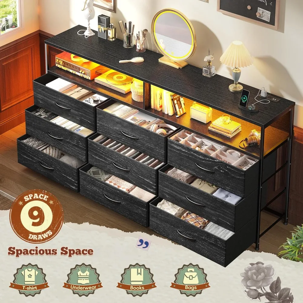 خزانة غرفة نوم 55 وات مع 9 أدراج، حامل تلفزيون LED مع منافذ طاقة لأجهزة التلفاز مقاس 45-65 بوصة، خزانة ذات أدراج طويلة متينة