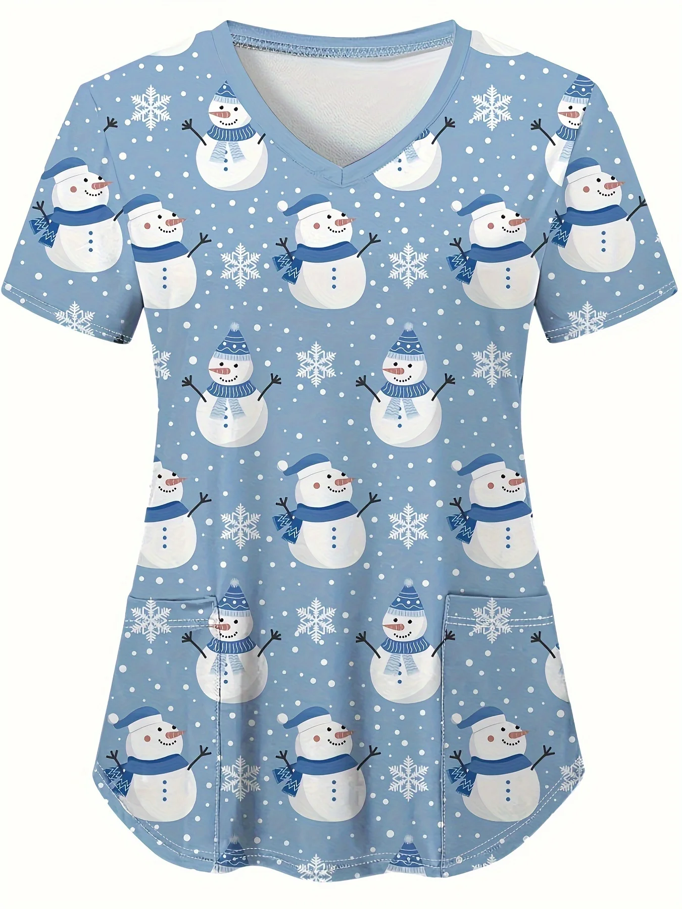 Stylish Snowman Print V-Neck Top - Comfortable Tops for Nurse,Women's Clothing Functional Health Care Uniform,Soft,and Easy Care