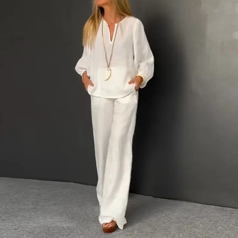 

Casual Loose Solid Cotton Linen Woman Outfits Autumn Three Quarter Sleeve Top & Long Pant Set Boho V Neck Wide Leg Trousers Suit