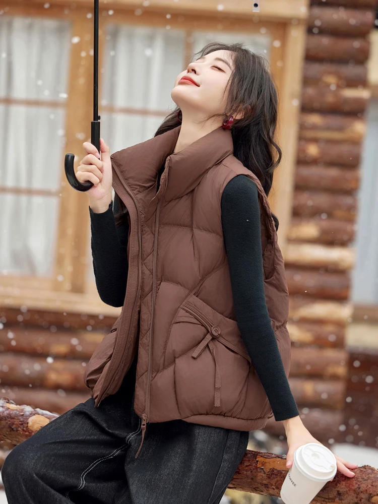 Jesienno-zimowa krótka kamizelka puchowa z wysokim kołnierzem, z białego puchu kaczego, bez rękawów, zapinana na zamek, ciepła kamizelka damska, odzież wierzchnia JJ1080