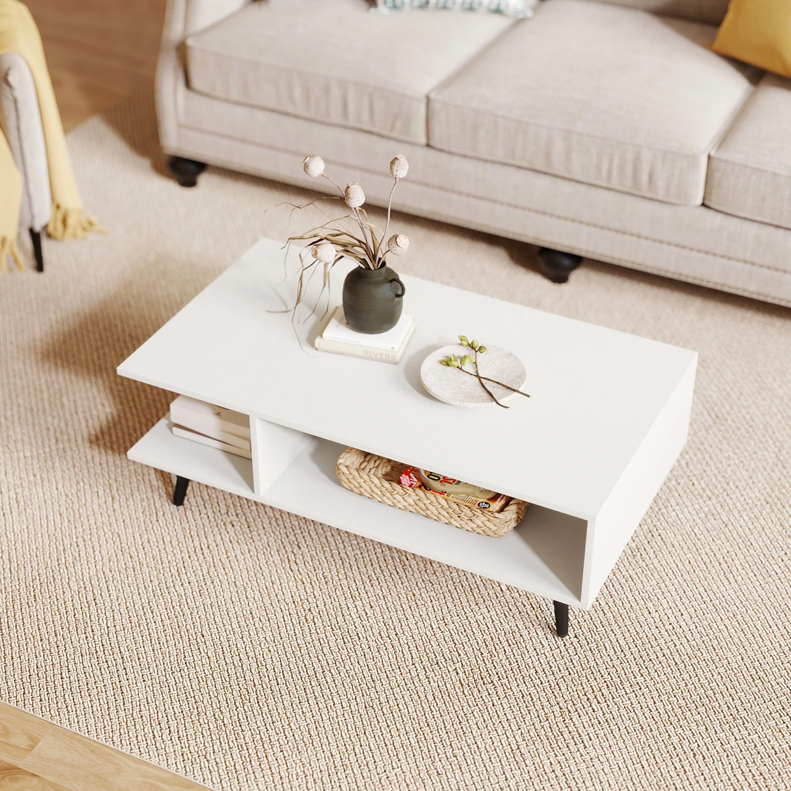 

Mid-Century Modern Coffee Table & 2-Tier Accent Table with 2 Open Compartments - Heavy-Duty MDF & Steel Storage Center Table