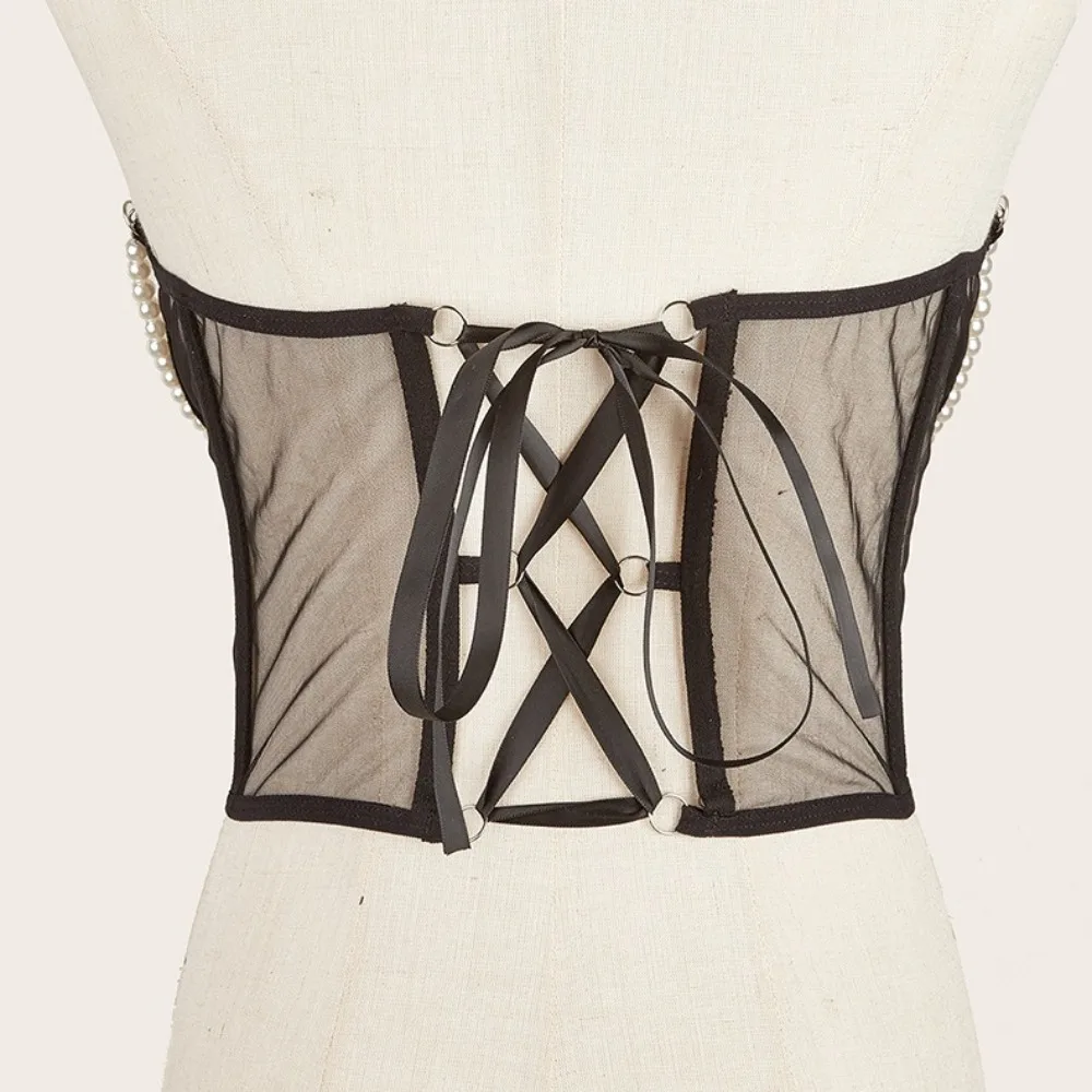 

Luxury Pearl Chain Mesh Cummerbunds Bustiers Tied Transparent Female Waistband High Waist Strap Wide Waist Belt Dress