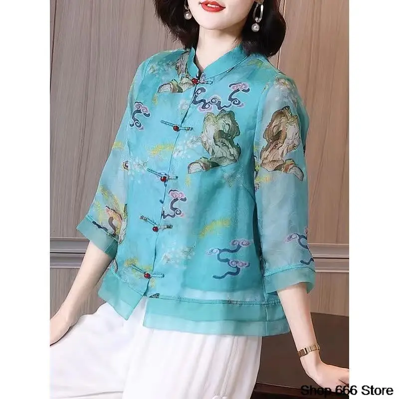 2024Summer Chiffon Women's Clothing Chinese Traditional Femal Clothing Spring Chinese Qipao Embroidered Shirt Ethnic Fashion Top