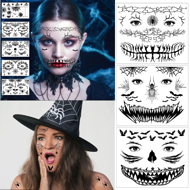 

Временная татуировка, 4 листа, стежка, рот, паук, ужасное лицо, татуировки, зомби-монстр, временная татуировка для мужчин, женщин, взрослых, Хэллоуин