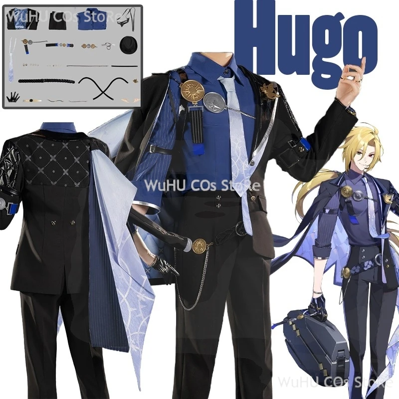 Zenless Zone Zero New Eridu Hugo أزياء تنكرية بدلة سوداء Hugo شعر مستعار لعبة موحدة مع قبعة الدعائم حفلة الهالوين للنساء والرجال
