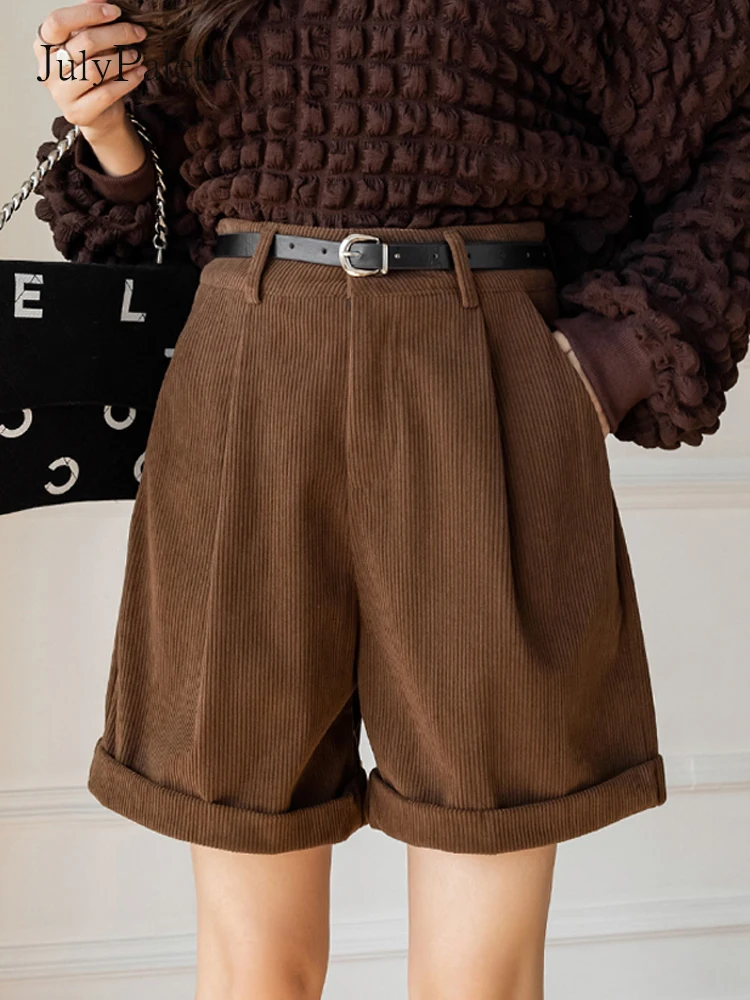 S-5XL Corduroy Rolled Wide-leg Shorts Women Autumn Retro High Waist Loose Casual Short Pants With Belt Loose A line Shorts Femme