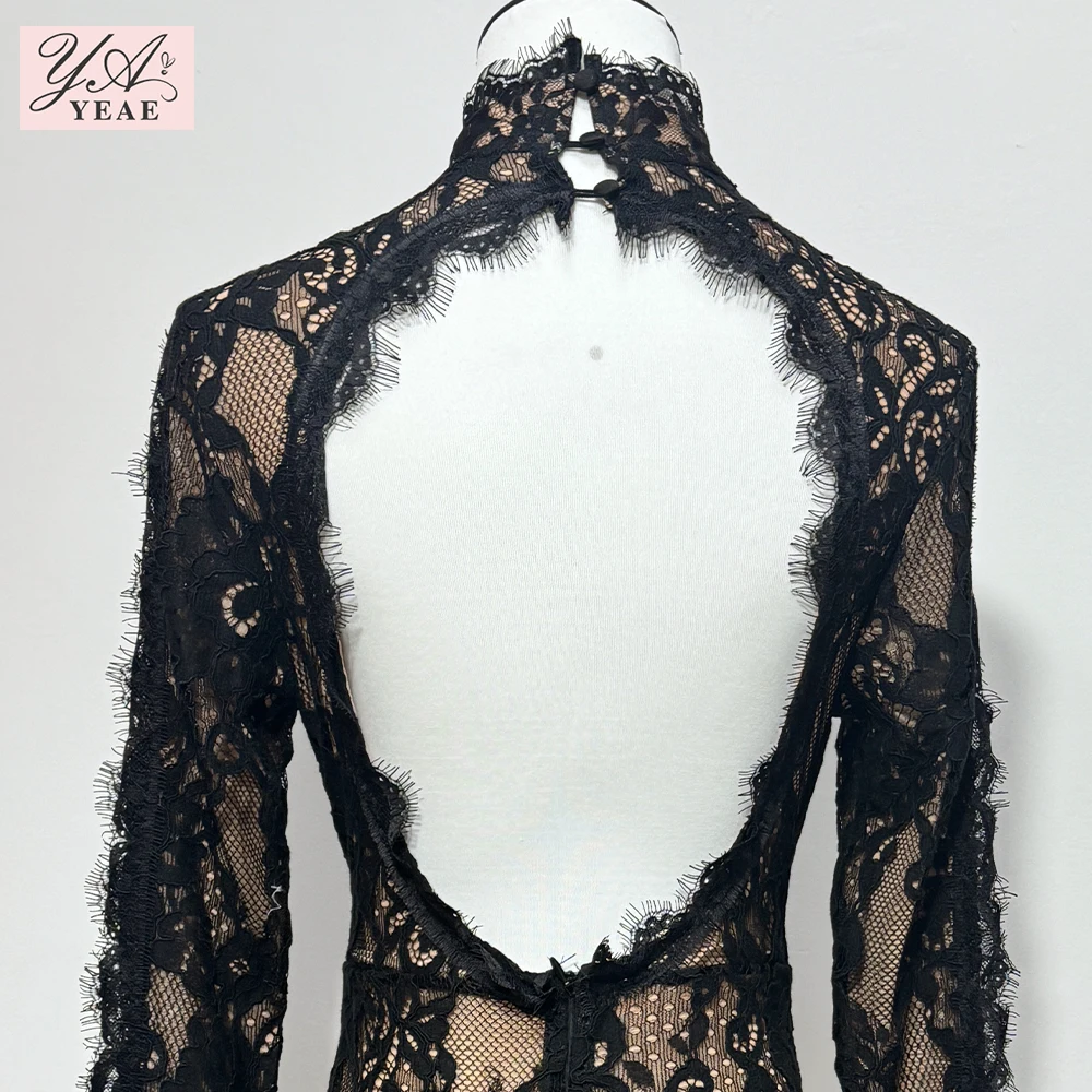 Black Lace Cut Out Long Dress Backless High Split Maxi Long Sleeves O Neck Celebrity Slim Cocktail Party Evening Gowns image 5
