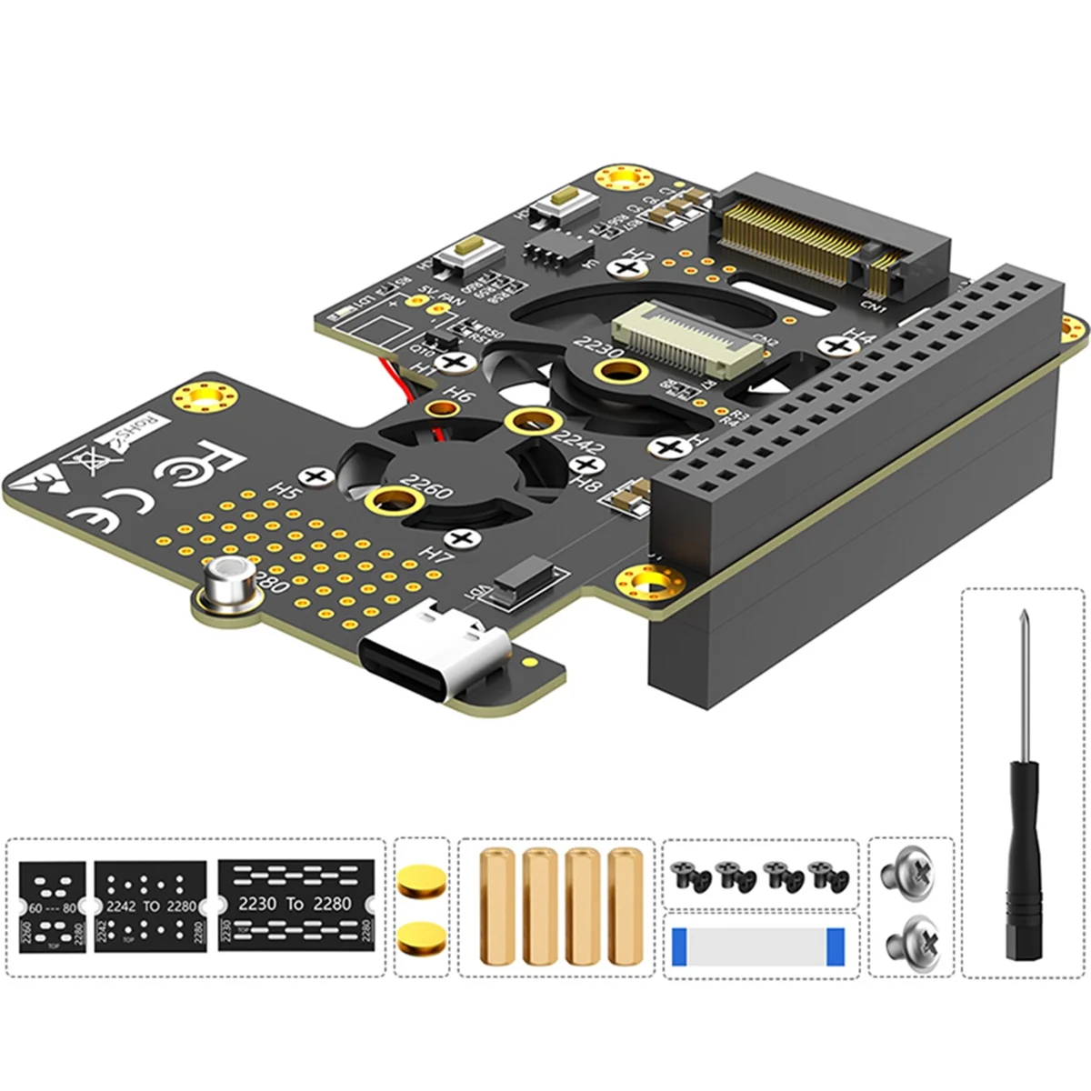 BFYLДля Raspberry Pi 5 PCIe to M.2 NVMe SSD HAT 3in1 с двумя вентиляторами Gen2 Gen3 для 2230 2242 2260 2280 M.2 M-Key NVMe SSD