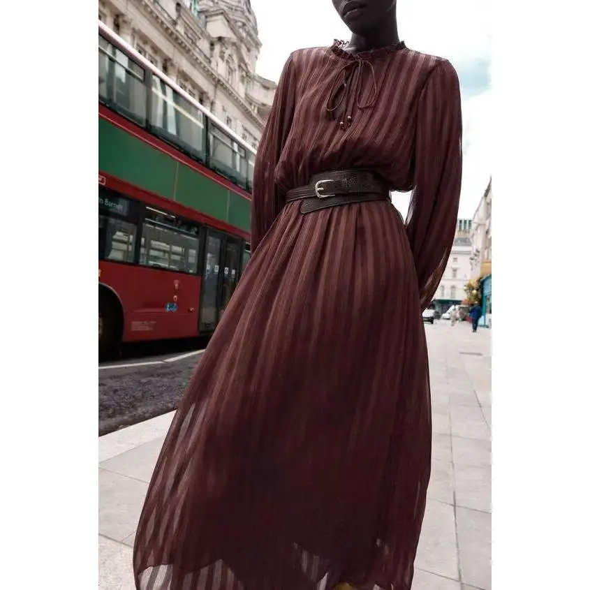 ファイオナブル ミディ丈 ドレス レディース スタイリッシュ 多用途 ベルト付き 秋の新作 ロング丈 ポリエステル オフィス通勤 レディース ドレス