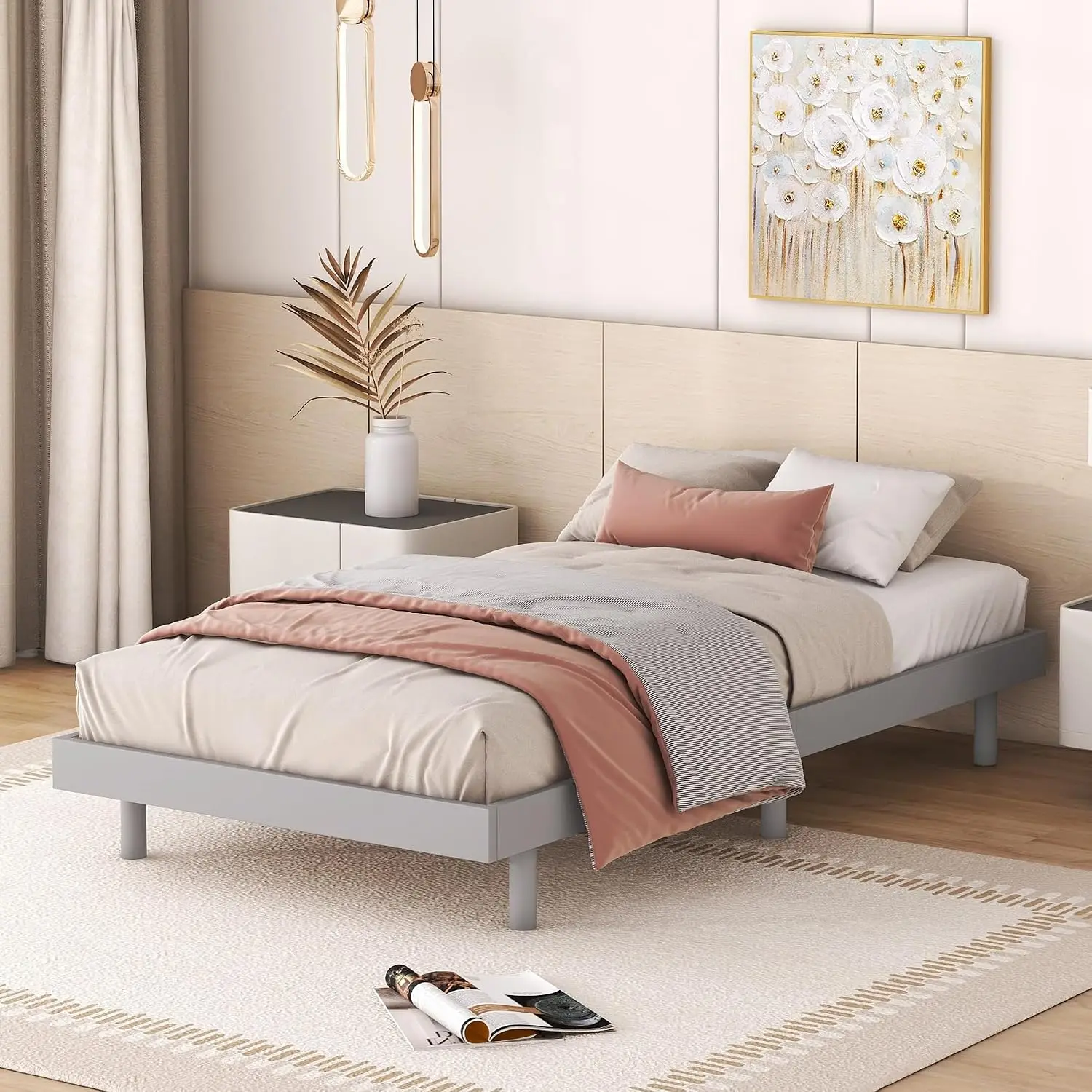 Modern Twin Floating Platform Bed Frame Grey, Customized