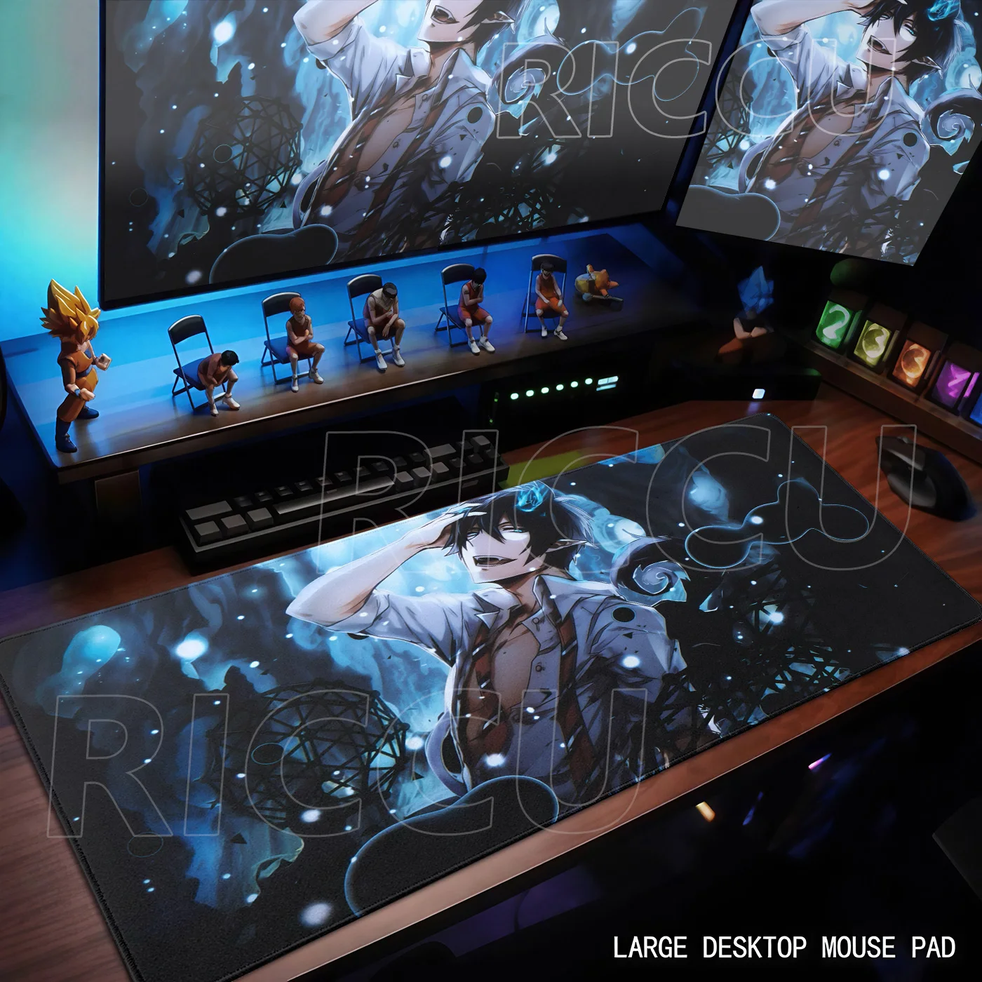 Large PC Gamers Computer Mechanical Keyboard Mousepad HD Anime Blue Exorcist Deskpad XXL Rubber Locking Edge Anti-Slip Tablemat