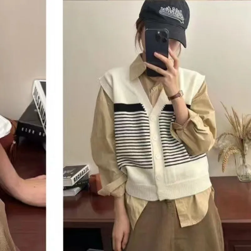 Colete coreano com contraste de colarinho listrado, camisola solta e versátil, novo top universitário, início da primavera