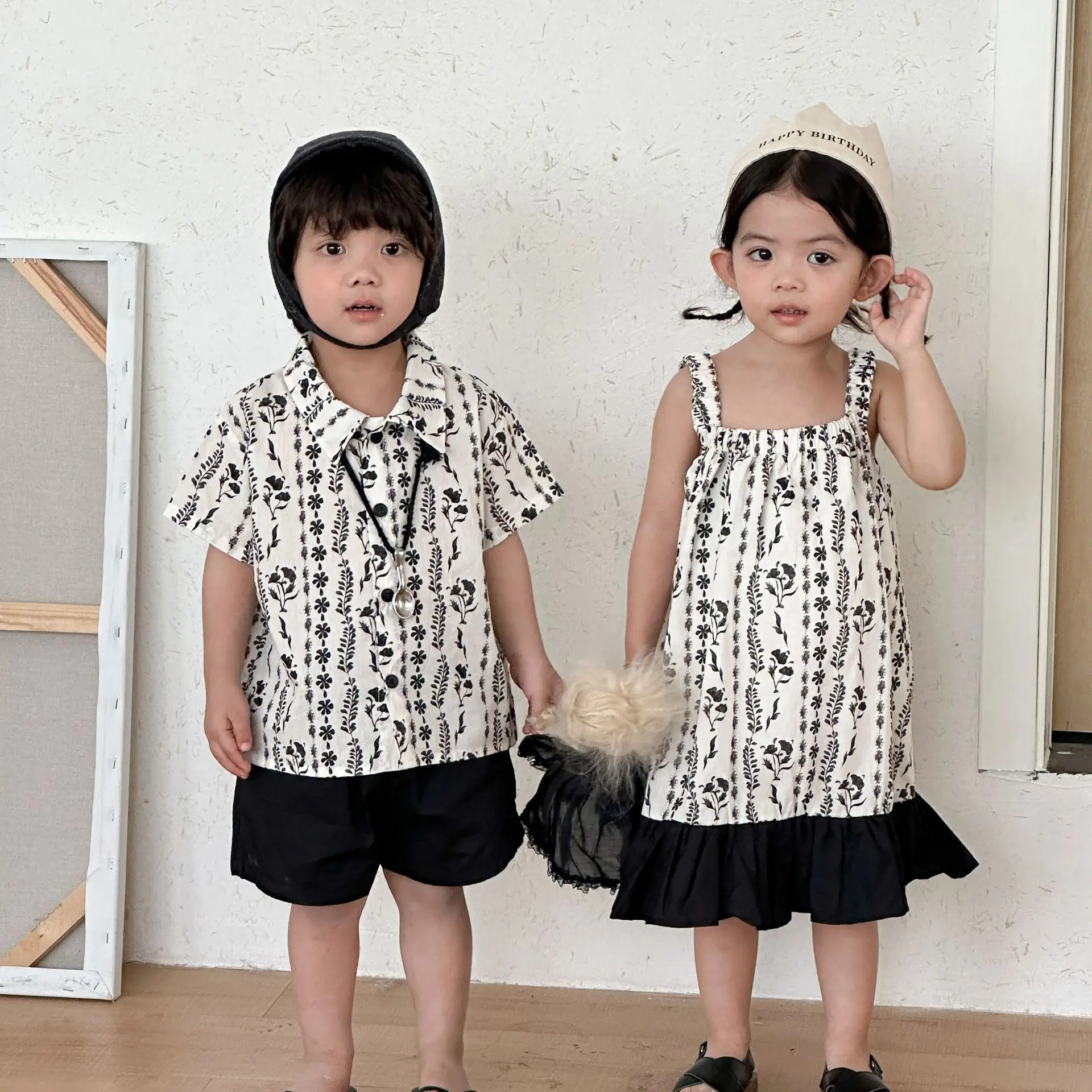 RAISE Summer Kids Brother Sister Look Set Flower Print Polo Shirts+shorts Baby Boy Outfits Muslin Thin Children Girl Dress 2-10Y
