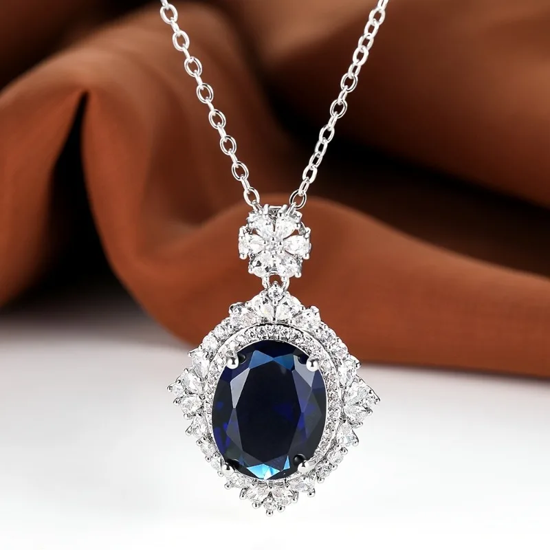 Luxury Imitation Moissan Crystals Blue Crystal Necklace Women's Luxury Wedding Jewelry Bridal Engagement Party Collarbone Chain