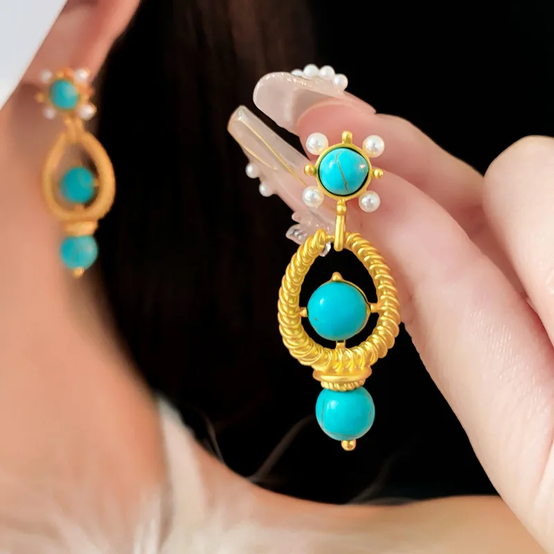 Vintage Drop Earrings Hollow Round Turquoise Pearl Earrings for Women Luxury High Quality Dainty Jewelry Date Nights