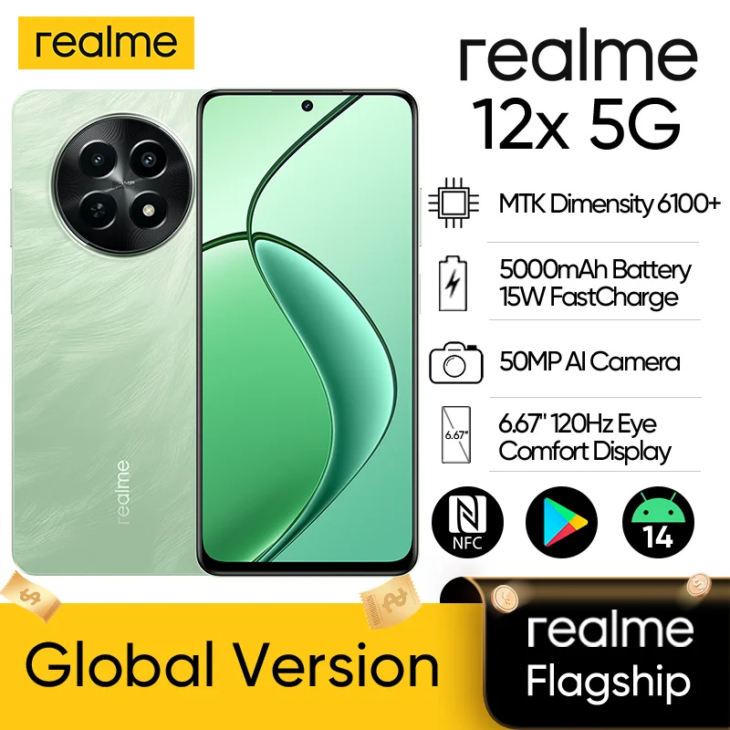 

Global Version realme 12X 5G 6.67'' 120Hz Display Moblie Phone 8GB 256GB Octa-Core Smartphone 50MP Camera 5000mAh 15W FastCharge