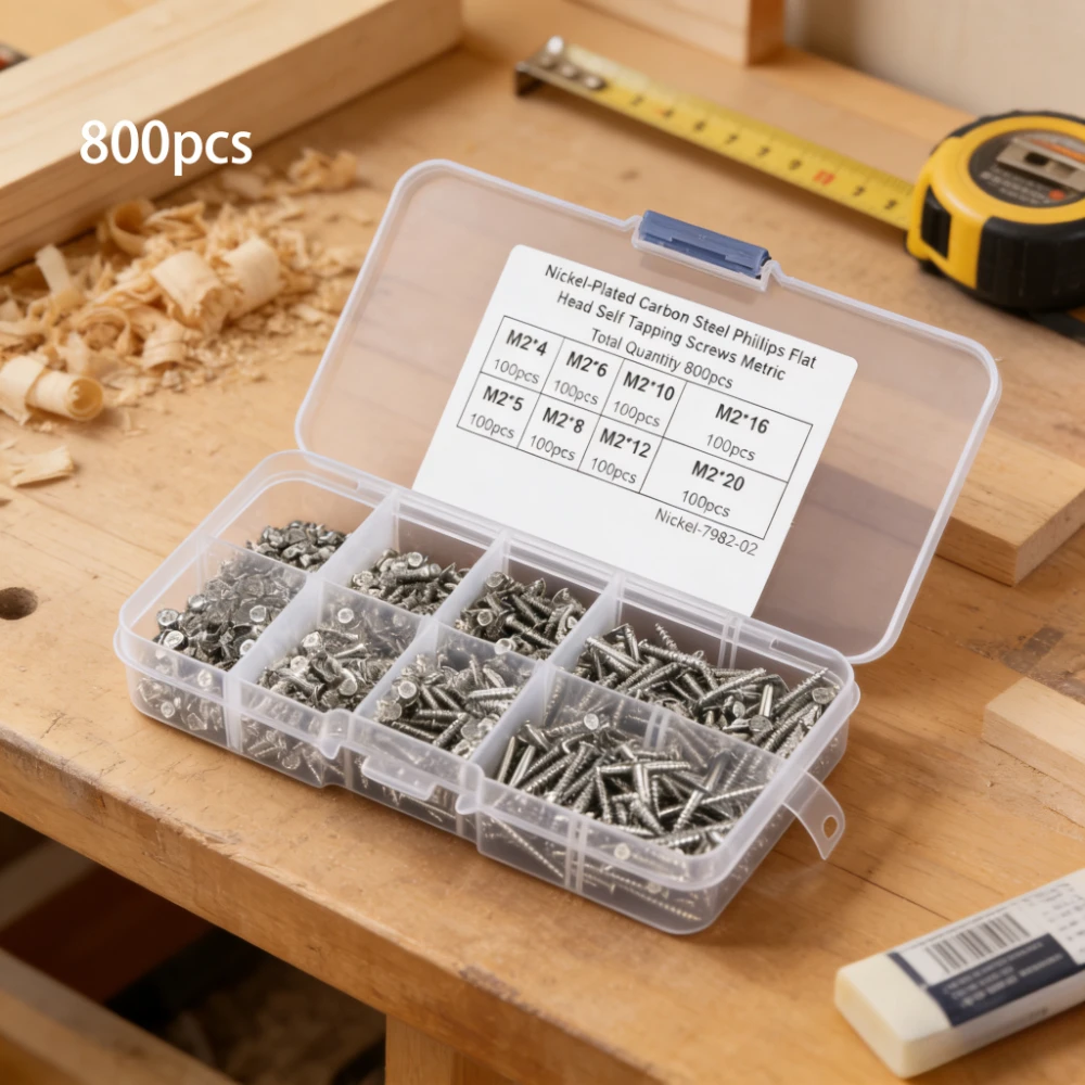 

800pcs M2 Self Tapping Screw set M2*4/5/6/8/10/12/16/18/20 Phillips Flat Head Carbon Steel Screw Assortment Kit for plastic,Wood