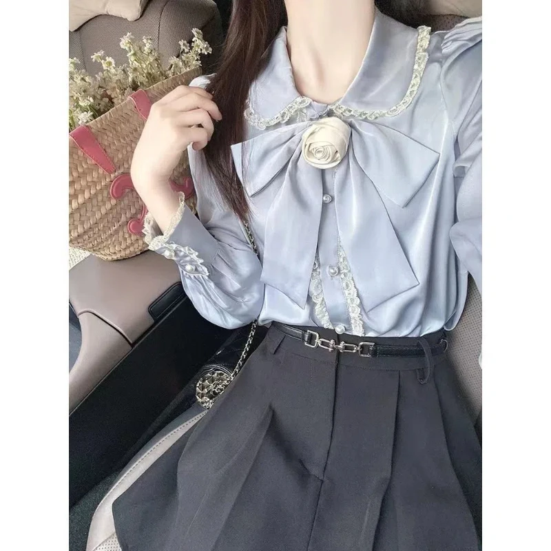 Lace Ruffles Patchwork Trend Blouse Spring Autumn New Long Sleeve Solid Bow Fashion Shirt Tops Elegant Temperament Women Clothes