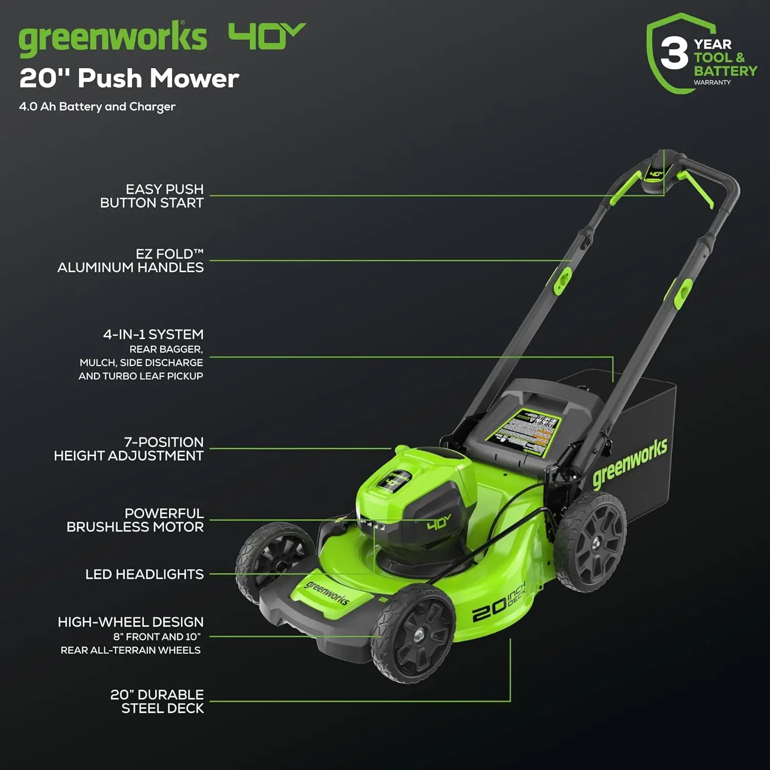 

40V 20" Brushless Push Mower, 4.0Ah Battery (Aluminum Handles + Light)