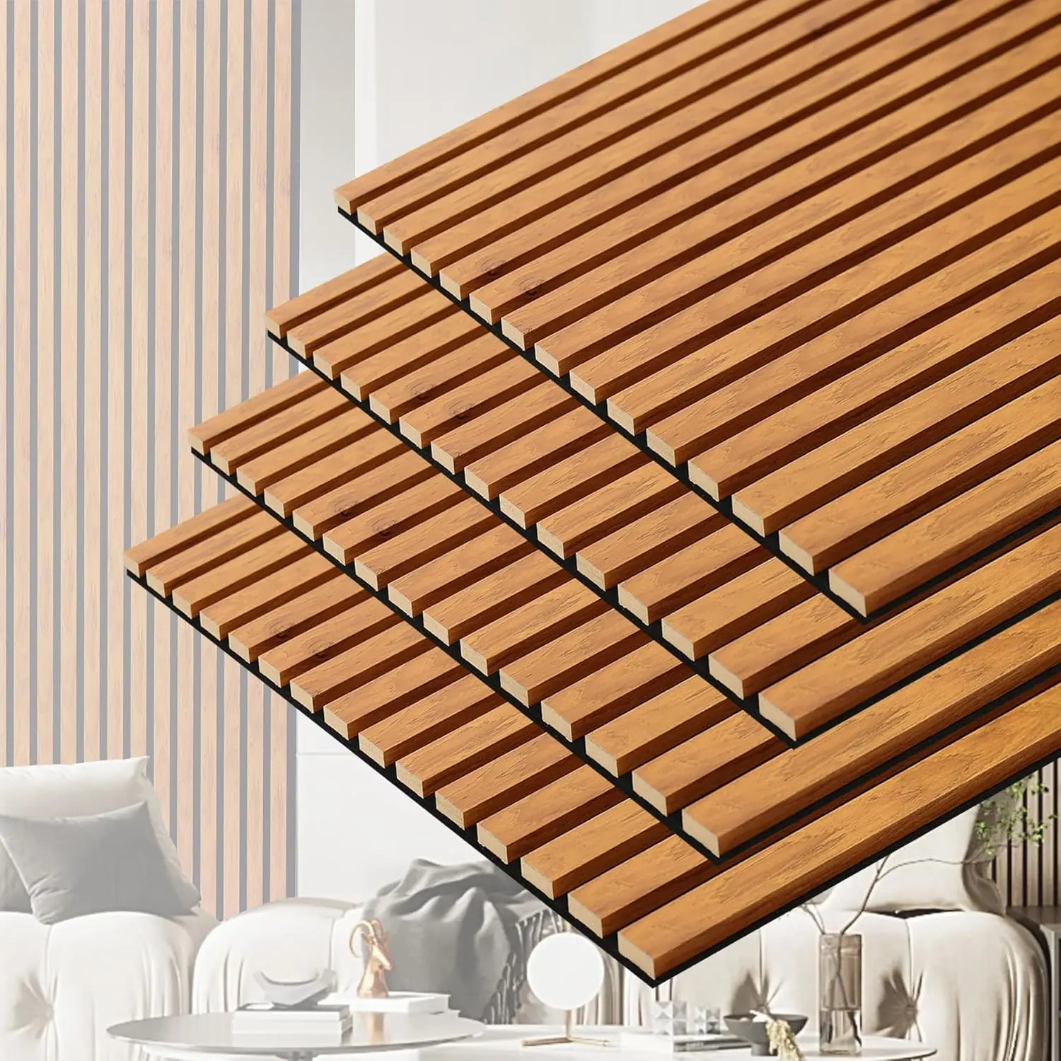 

3D Slat Acoustic Wall Panels, Wood Finish Sound Absorbing Paneling for Studio Office Living Room Bedroom Decor Natural Walnut